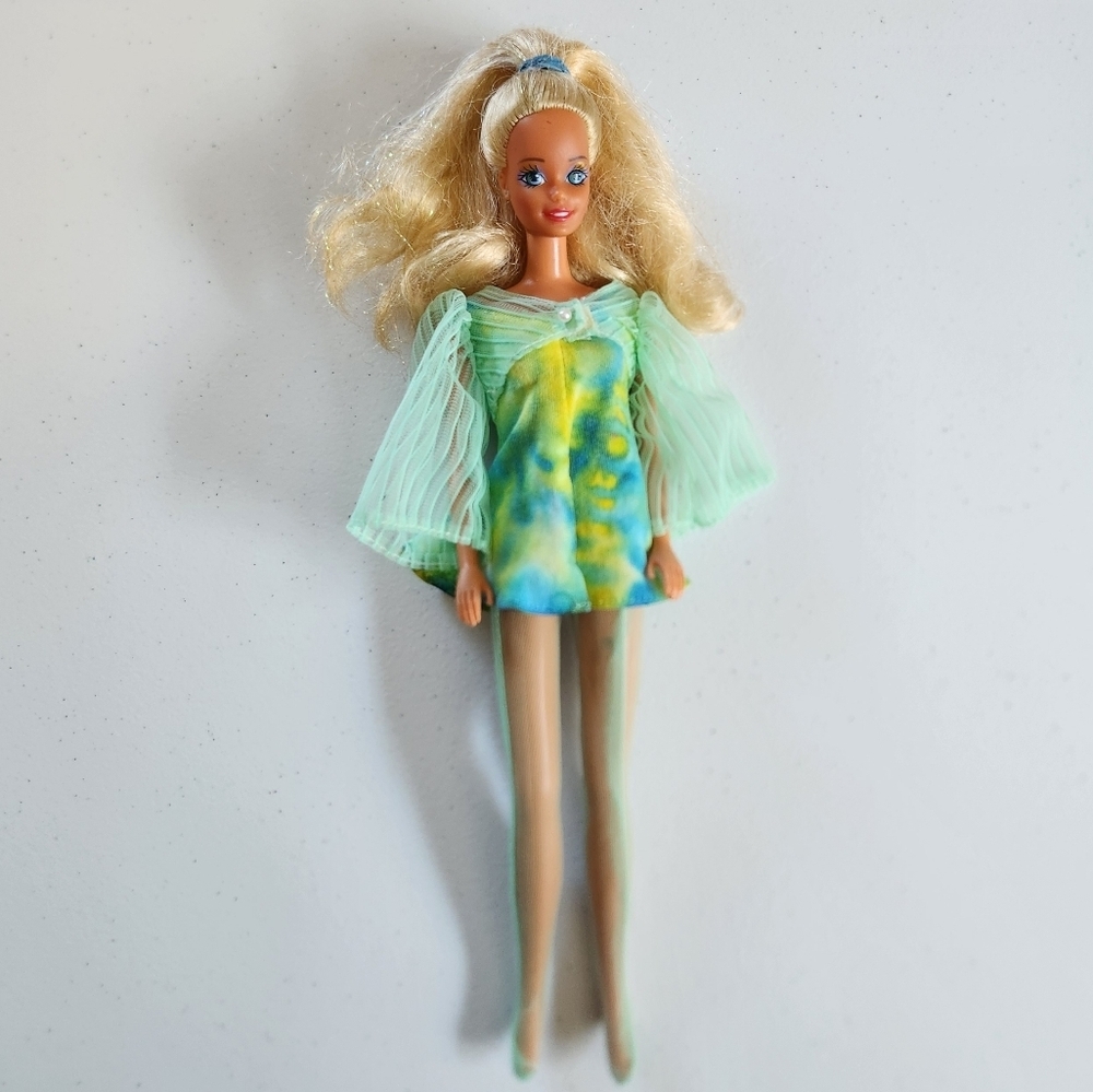 Sun Sensation 1991 Vintage Blonde Glitter Hair Barbie 1980s Blue Green Mod Dress